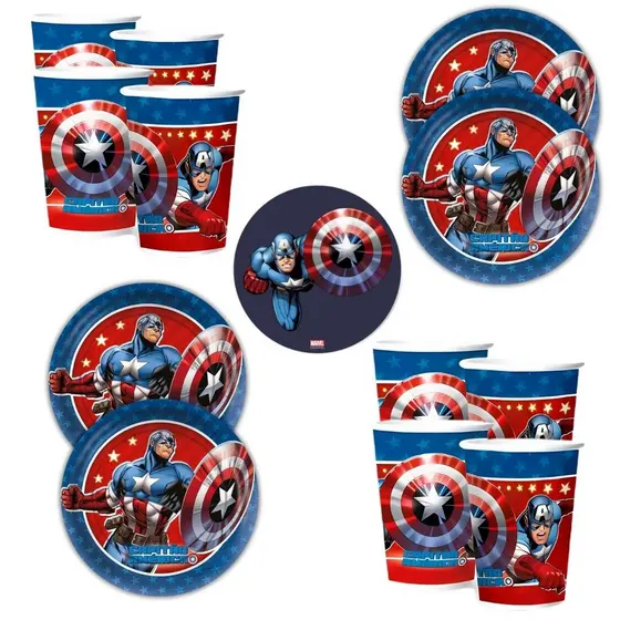 Kit Festa  CAPITAO AMERICA 16 Pratos + 16 Copos Descartável 180 Ml Papel - REGINA