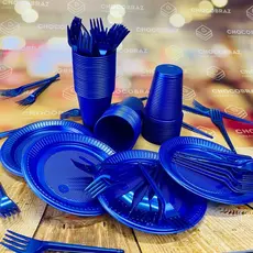 Kit Festa 50 PESSOAS DESCARTAVEIS AZUL PETRÓLEO PEROLADO GARFO + PRATO + COPO