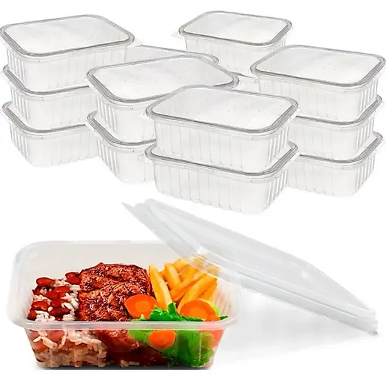 Kit 24~120 Unid. Pote Plastico Retangular Descartável 250 350 e 500 ml Microondas Freezer Marmita Fit