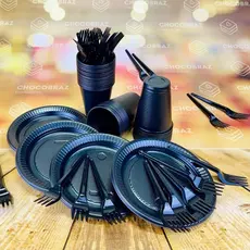 Kit Descartável Econômico 50~200 Pessoas Com 150~600 Itens PRETO OFF