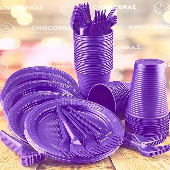 Kit Festa 50 PESSOAS DESCARTAVEIS ROXO GARFO + PRATO + COPO