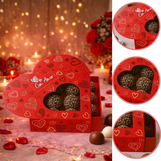 10 CAIXA CORAÇÃO 9 DOCES GAVETA 12X12X4 COM VISOR COM AMOR 5970 ( DIA DOS NAMORADOS IDEIA 2026 )