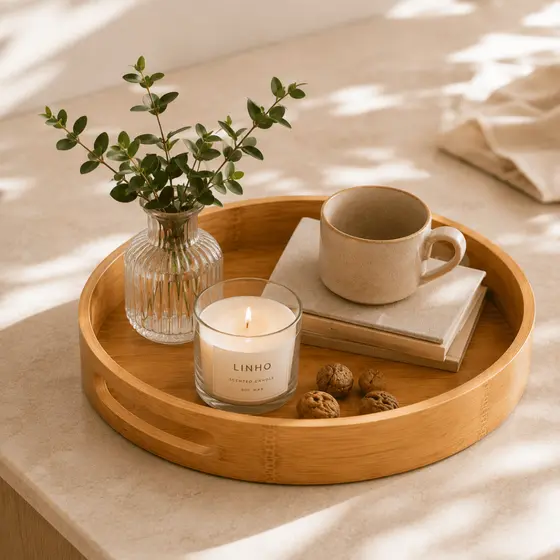 Bandeja Decorativa Redonda de Bambu 30cm | Cantinho do Café | Mesa Posta | Lavabo | Porta Perfumes