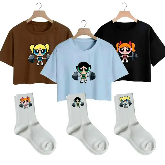 Kit 3 Cropped Feminino + 3 Meias Super Poderosas Algodão Estampadas Lançamento