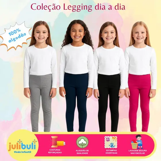 Kit 2 Calças legging cor lisa menina infantil em cotton SORTIDO tamanhos de 1 ao 16