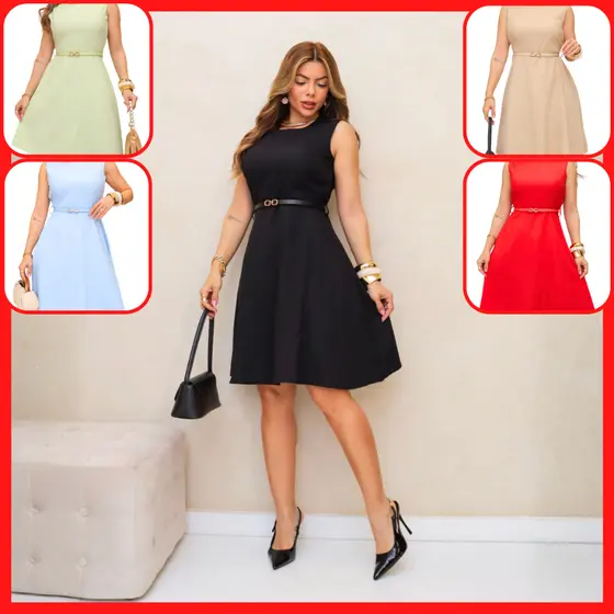 Vestido Curto Feminino de Festa Soltinho Rodado Acinturado Elegante Verão com Cinto Linho Leve W637