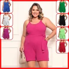 Macaquinho Feminino Plus Size Fresquinho Verão Casual Azul Preto Vermelho Fúcsia Acinturado Perfeito