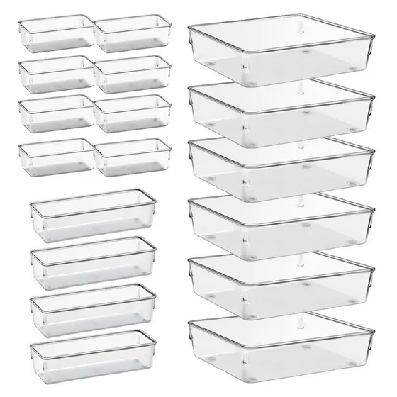 Kit 18 Organizadores Multiuso Modular Gavetas Geladeira Armário Acrílico Quadrado