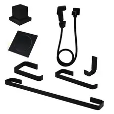 Kit Acessórios Preto Banheiro Quadrado Ducha Higiênica Super Luxo Preta Metal Ralo Click 10x10