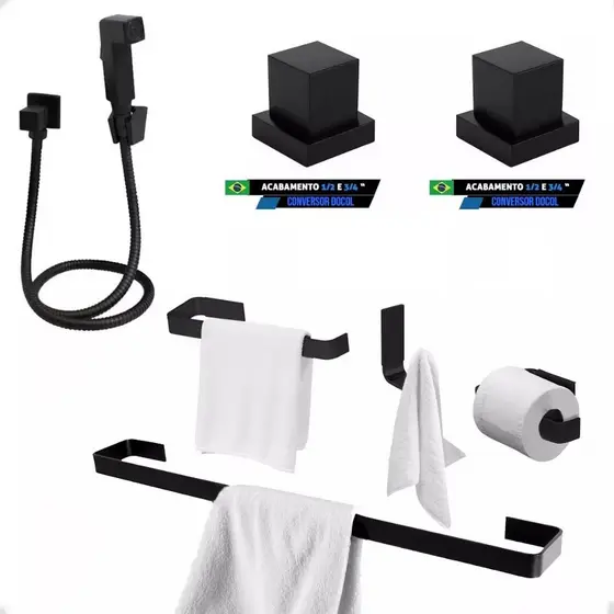 Kit Acessórios Banheiro Preto Acabamentos Registro Docol e Ducha Higiênica