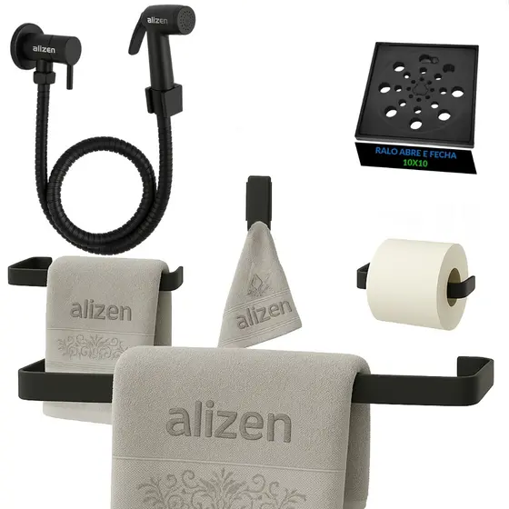 Kit De Banheiro Preto Com Ducha Higiênica Porta Toalhas Ralo Abre e Fecha 10x10