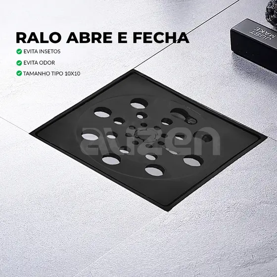 Ralo Banheiro Quadrado Abre e Fecha 10x10 Preto Evita Insetos e Odor