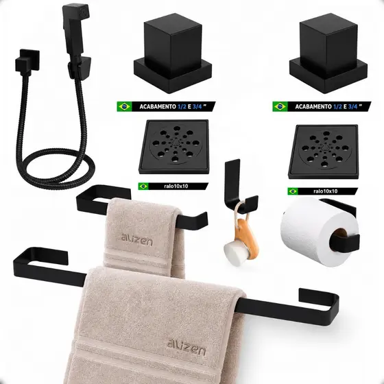 Kit Acessórios Preto Para Banheiro Quadrado ducha higiênica com dois ralos 10x10 completo