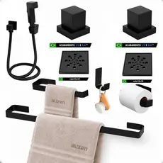 Kit Acessórios Preto Para Banheiro Quadrado ducha higiênica com dois ralos 10x10 completo
