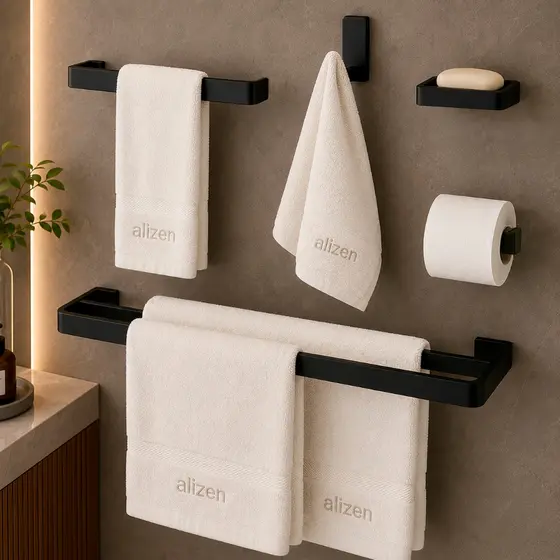 Kit De Acessórios Banheiro Suporte Toalha Duplo Preto e Saboneteira
