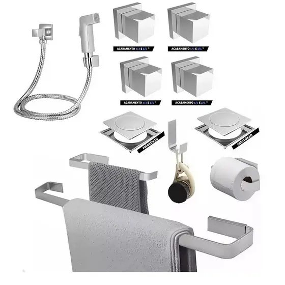 Kit Banheiro Suportes de Toalha Ducha Higiênica Cromada Ralos e Acabamentos
