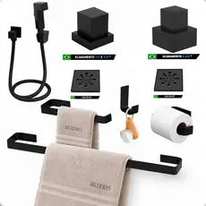 Kit de Acessórios Banheiro Preto Ducha Higiênica Ralo Tipo 10x10  Acabamentos Registro Porta Toalhas