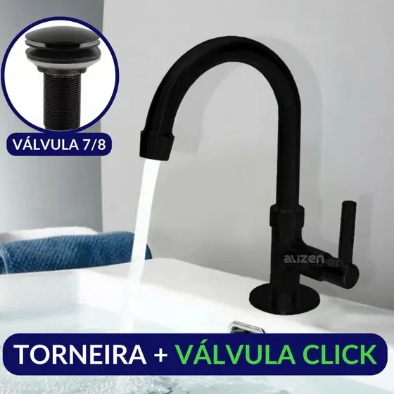 Torneira Banheiro Preta Lavatório Com Válvula Click Abs