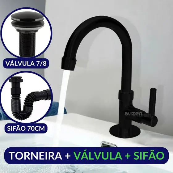 Torneira Banheiro Preta Lavatório Válvula Click Abs E Sifão