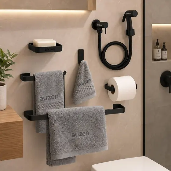 Kit De Banheiro Preto Com Ducha Higiênica saboneteira e Porta Toalhas