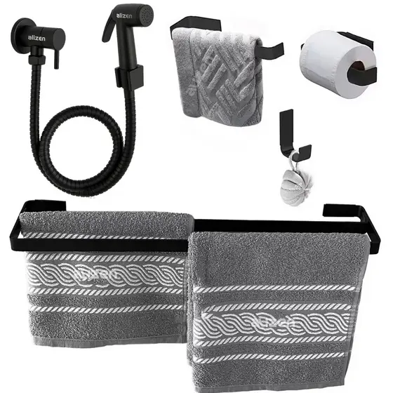 Kit Acessórios Banheiro Preto Toalheiro Duplo Ducha Higiênica