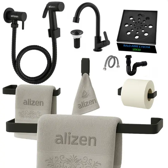 Kit Banheiro Preto Ducha Higiênica Porta Toalhas Torneira Válvula e Engate