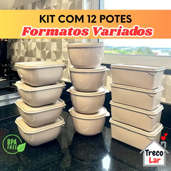 Kit 12 Potes Plásticos - Formatos Variados - Vai ao Micro-ondas e Freezer - 1 Litro