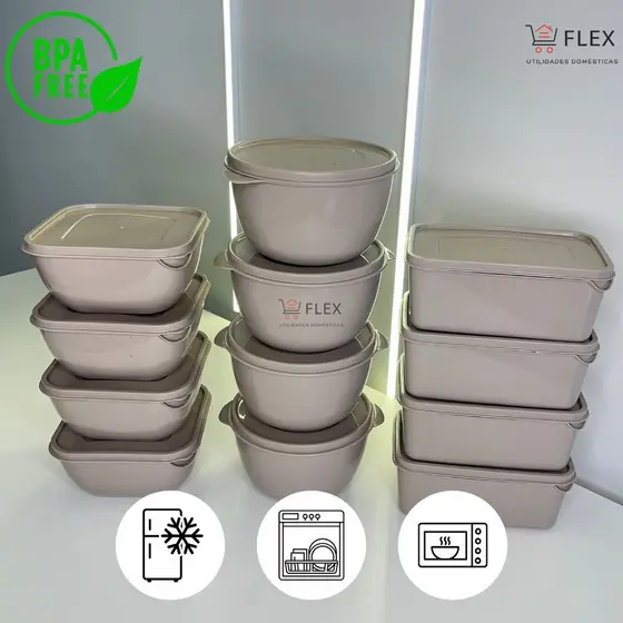 Kit com 12 Potes Plásticos, Marmita e Vasilhas – Formatos Variados (Retangular, Bowl e Quadrado) 1 Litro