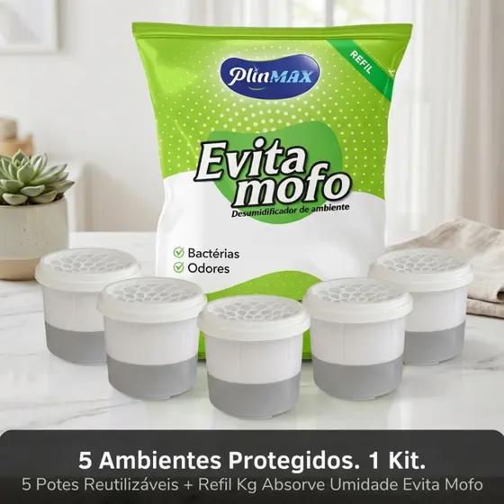 Kit Antimofo Refil 1Kg - Evita Mofo + 5 Potes Reutilizáveis - Guarda-roupas e Gavetas Zero Umidade