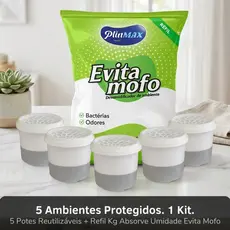 Kit Antimofo Refil 1Kg - Evita Mofo + 5 Potes Reutilizáveis - Guarda-roupas e Gavetas Zero Umidade