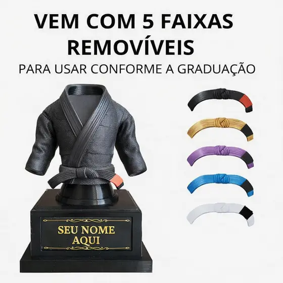 Troféu kimono personalizável 3D com 5 faixas removíveis judô jiu-jitsu karatê decoração ou premiação