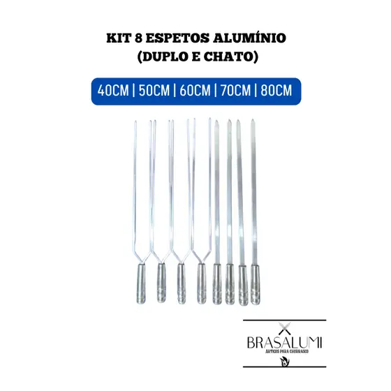 kit 8 espetos de aluminio 40 cm (4 duplo 4 chato) de churrasco