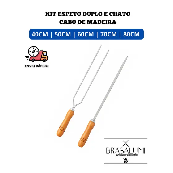 KIT 2 ESPETO CABO DE MADEIRA (1 DUPLO E 1 CHATO)