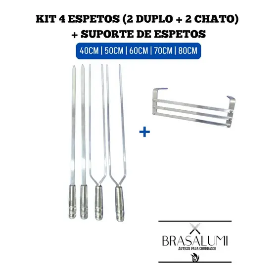 conjunto 4 espetos de alumínio 40cm a 80cm + suporte espetos para churrasco
