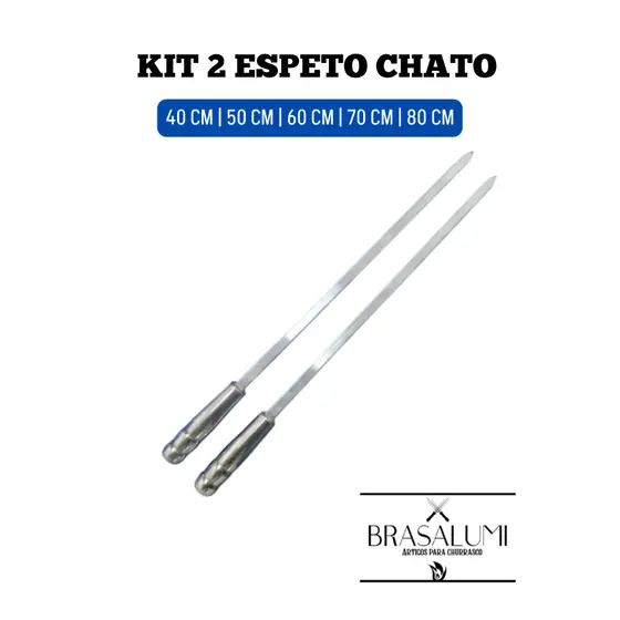 kit c/ 2 espetos para churrasco de alumínio chato 40cm a 80 cm