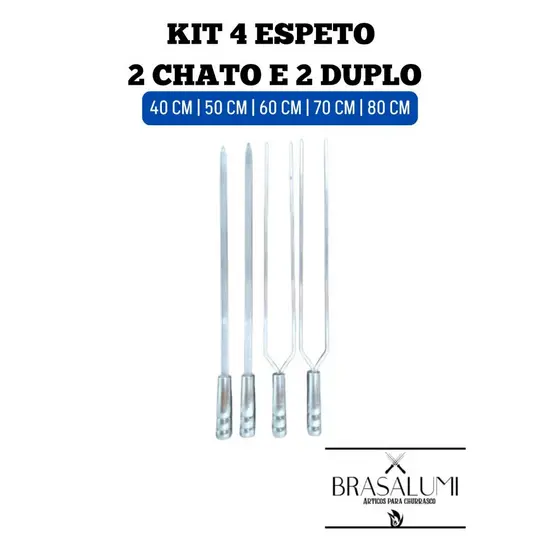 kit 4 espetos alumínio 2 chato e 2 duplo 40cm a 80cm para churrasco