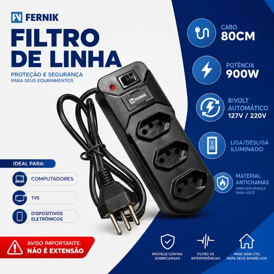 Filtro de Linha 3 Tomadas Preto 900W | Segurança e Praticidade no Seu Dia a Dia
