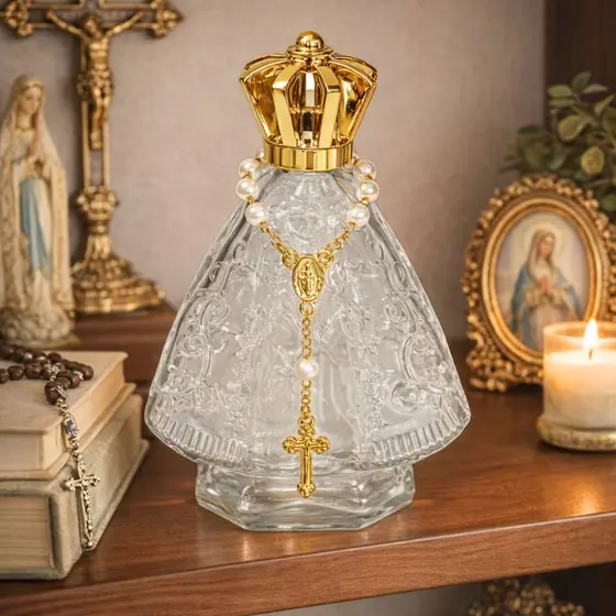 Kit 15 Frascos de Vidro Santinha Nossa Senhora 60ml + 15 Mini Terço