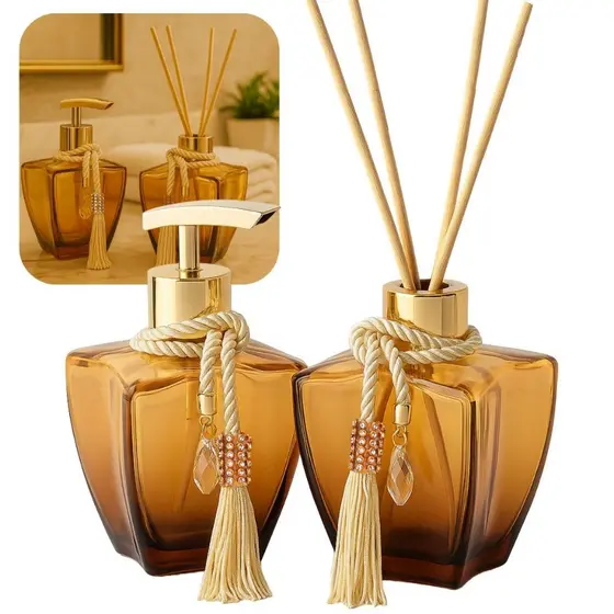Kit Banheiro Vidros Degrade Marrom Porta Sabonete Difusor De Ambiente Luxo