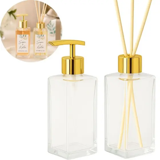 Kit 02 Vidro Para Lavabo Retangular 250ml Com tampa Difusor Luxo + Válvula Saboneteira Super Luxo e Varetas