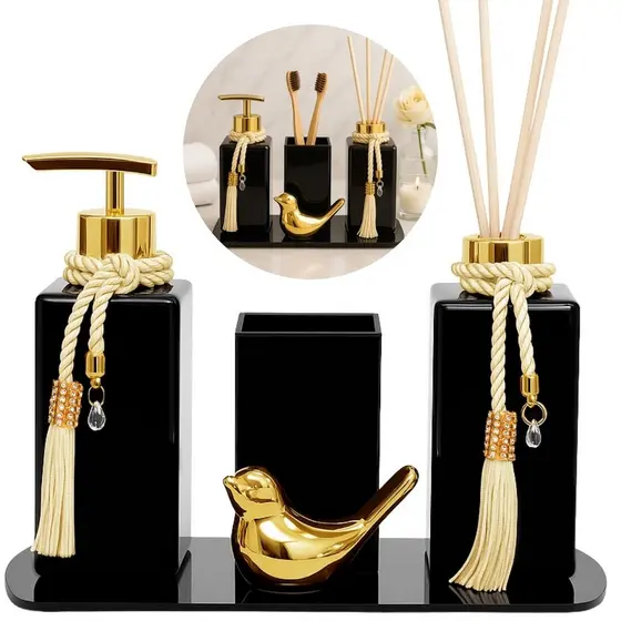 Kit Lavabo Luxo Preto Com Bandeja De Vidro Vaso Quadrado E Passarinho Decorativo