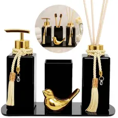 Kit Lavabo Luxo Preto Com Bandeja De Vidro Vaso Quadrado E Passarinho Decorativo
