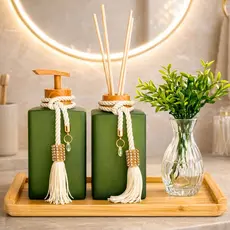 Kit Lavabo Luxo Vidro Fosco Bandeja Madeira Decorativo Completo Banheiro Elegante Aromatizador Porta Sabonete