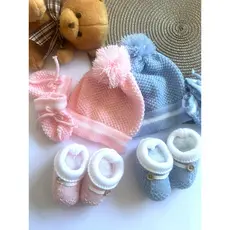KIT Touca luva e sapatinho para Bebê recém nascido maternidade 0 a 3 meses em tricô de Linha