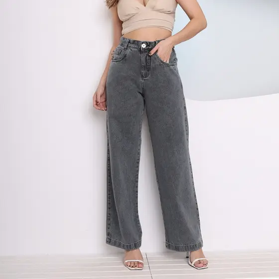Calça Jeans Feminina Cintura Alta Pantalona Moda Atual