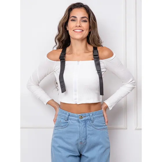 blusa cropped manga longa canelada com zíper,  detalhe suspensório 2247