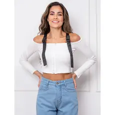 blusa cropped manga longa canelada com zíper,  detalhe suspensório 2247