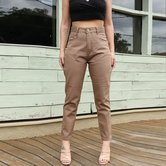 Calça Mom colorido Jeans Feminina Barrinha Dobrada Cintura Alta Sem Lycra