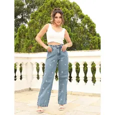 Calça jeans wide leg bordado florzinha feminino novo 2025 sem lycra