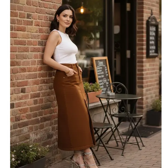 Saia jeans cintura alta Fenda no meio, casual, elegante, simples e elegante